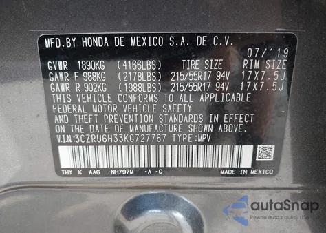 2019 Honda Hr-V Lx from USA, damaged, VIN 3CZRU6H33KG727767